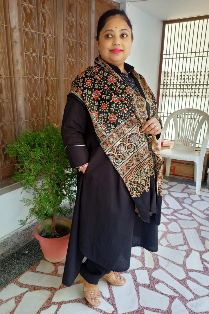 Black Ajrakh Handblock print gajji silk stole
