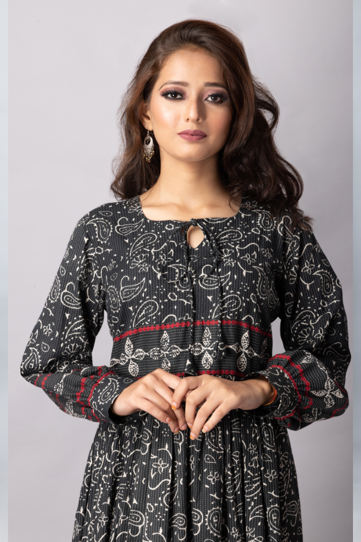 Kantha stitch cotton black flaired dress