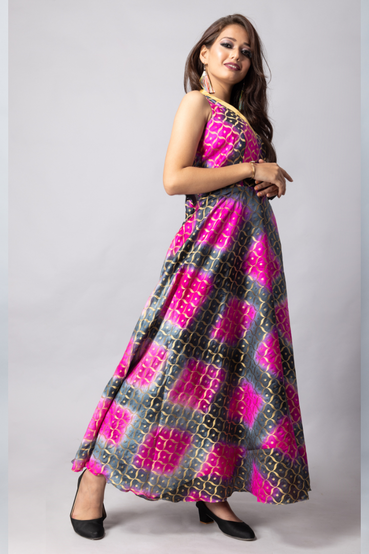 Pinkish- grey gown dress with Short Net shrug Dress in Style Pinkish- grey gown dress with Short Net shrug Dress in Style