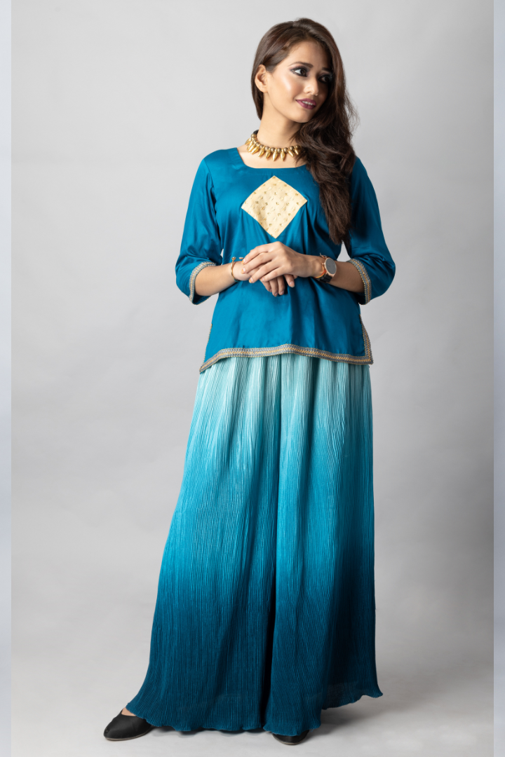 Blue pleated georget Ombre dyed sharara dress