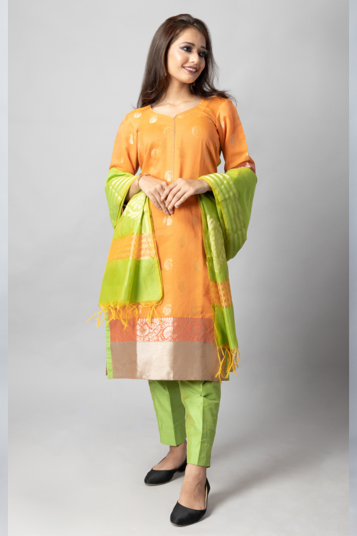 Neon green-Orange Jacquard silk suit set