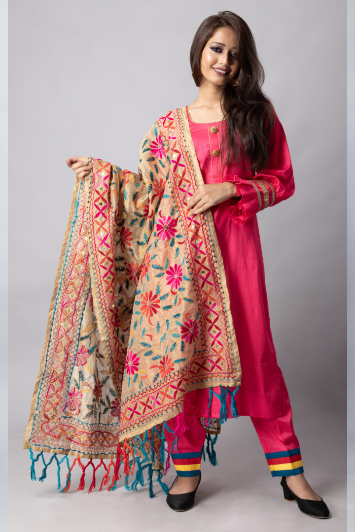 Phulkari Dupatta Pink Suit Set-phulkari Dupatta - Main Image