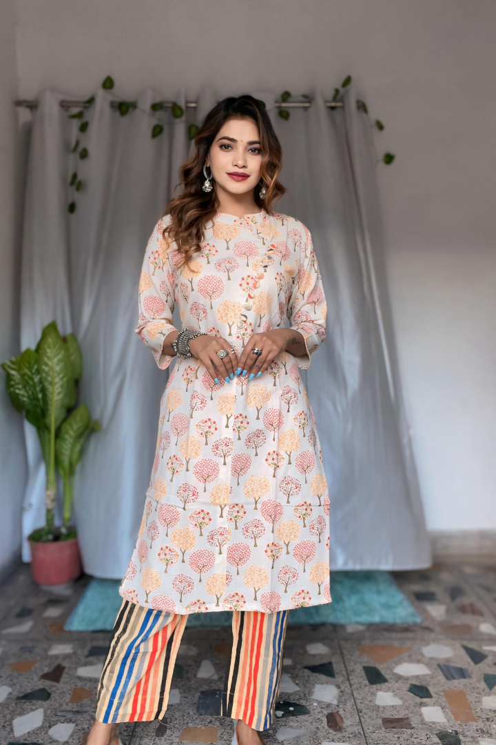 Beige colour Printed khadi cotton kurta Pant set
