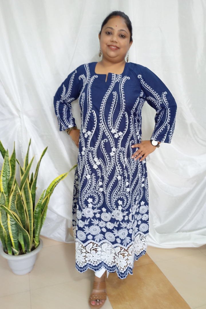 Nevy Blue Aline thread embroidery cutwork Kurta
