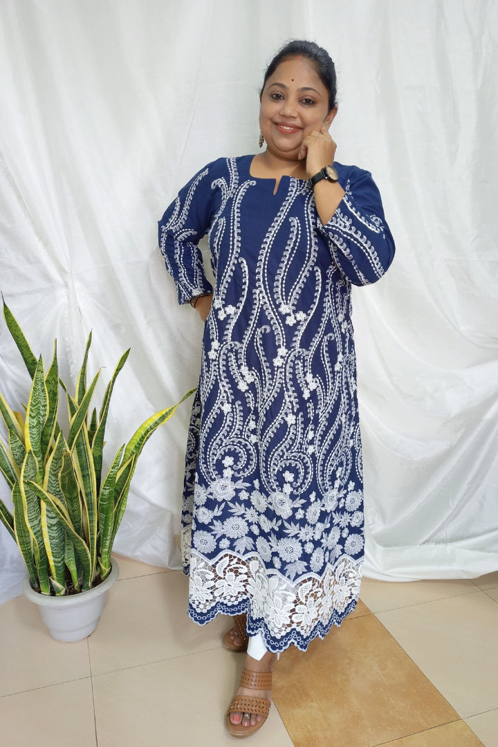 Nevy Blue Aline thread embroidery cutwork Kurta