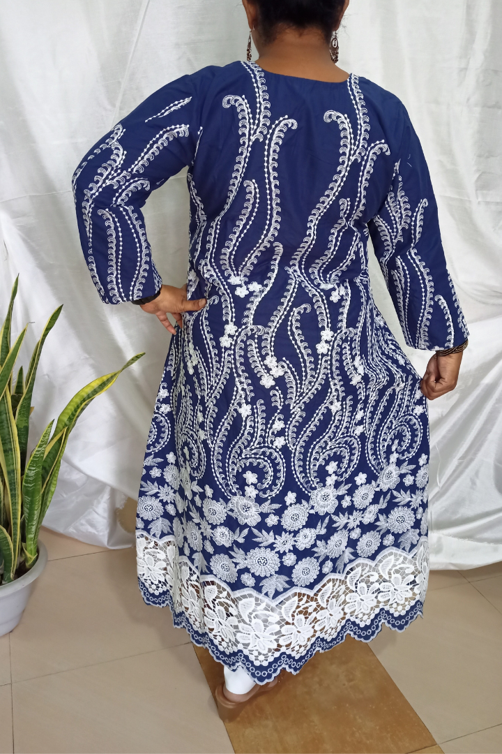 Nevy Blue Aline thread embroidery cutwork Kurta