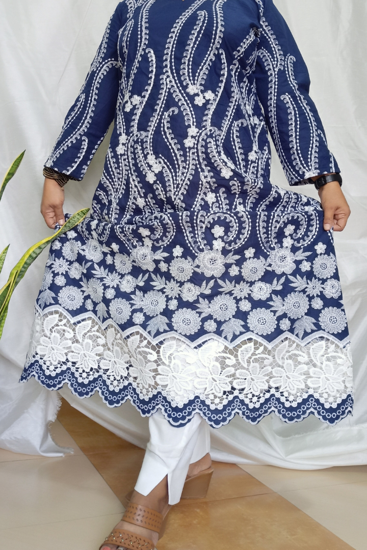 Nevy Blue Aline thread embroidery cutwork Kurta
