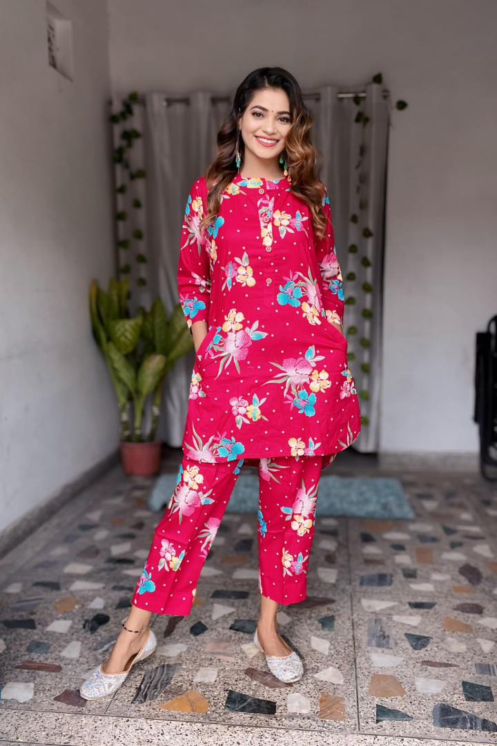 Red Cotton floral print co-ord set – Dress in Style