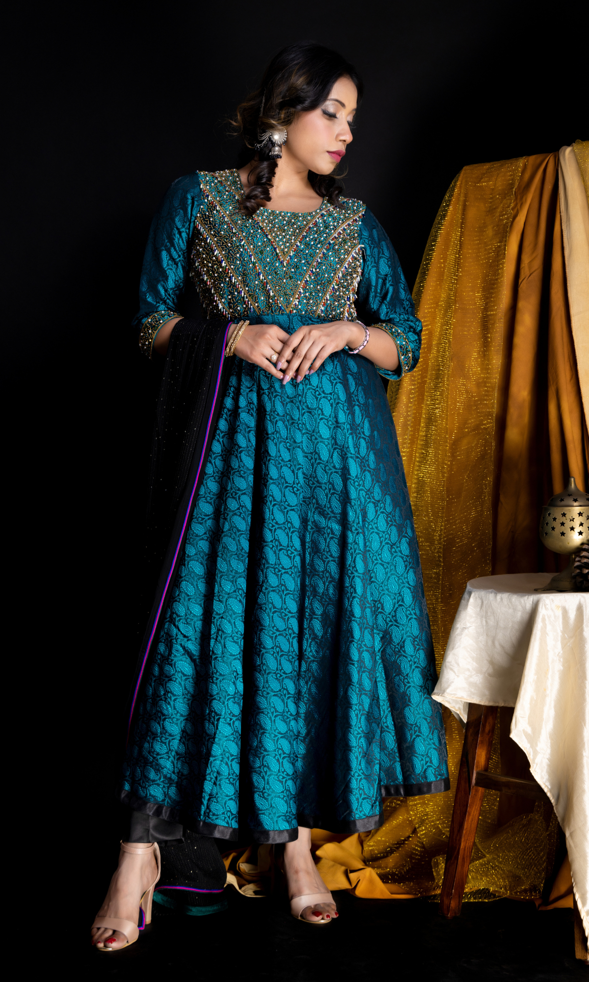 Peacock Green Hand Embroidered Anarkali suit Dress in Style Peacock Green Hand Embroidered Anarkali suit Dress in Style