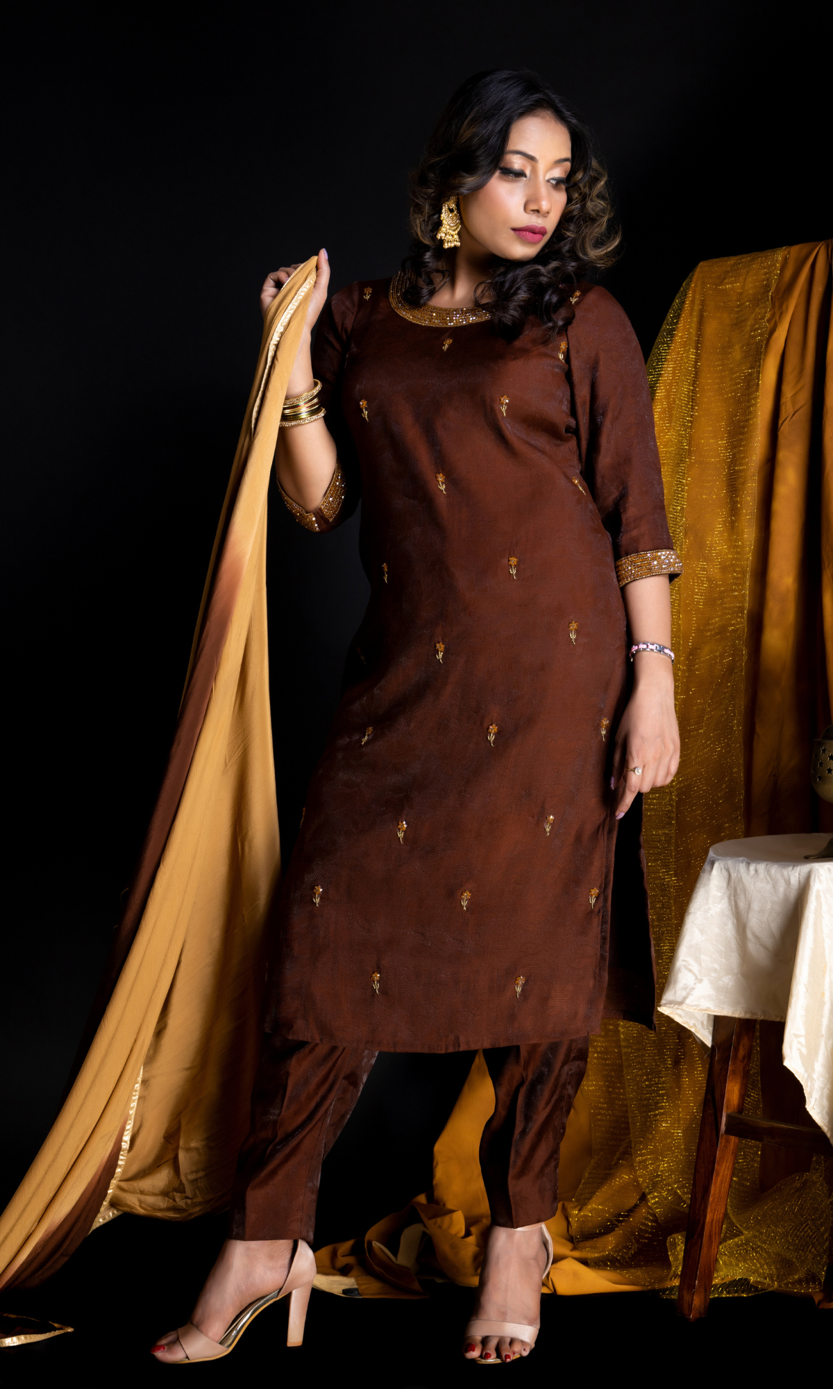 Choclate brown Jute silk hand embroidered -Crystal worksuit
