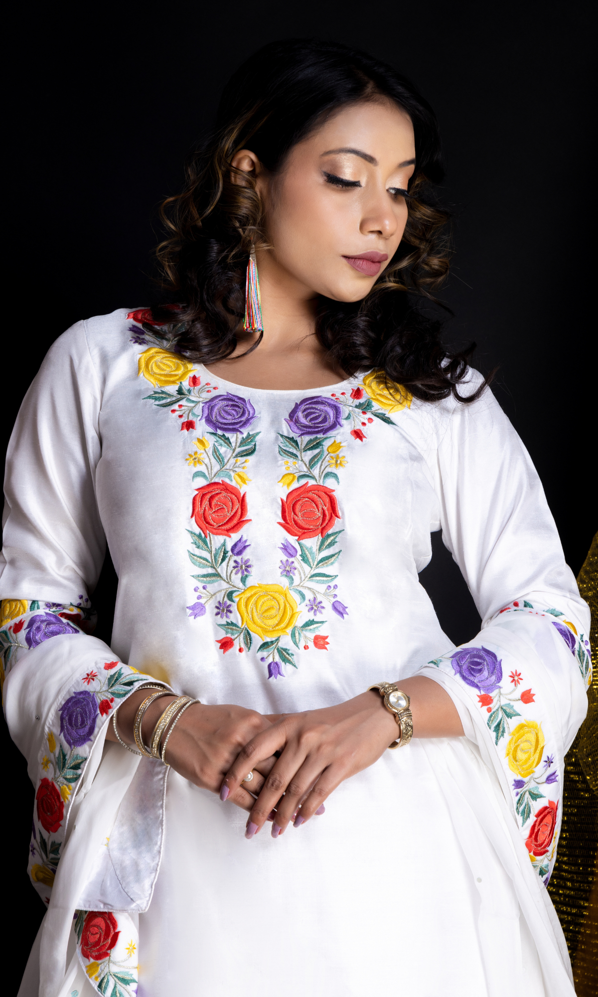White Silk Sharara set-Multi embroidered Kurti and Organza Dupatta