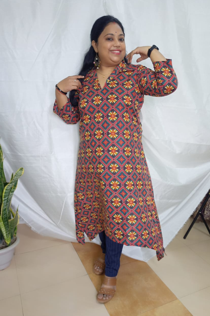Red-Blue Bright Ajrakh print asymmetrical Kurta
