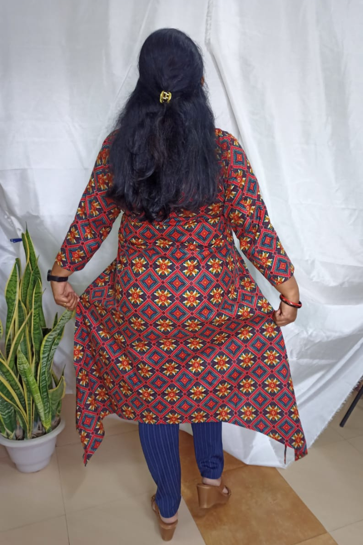 Red-Blue Bright Ajrakh print asymmetrical Kurta