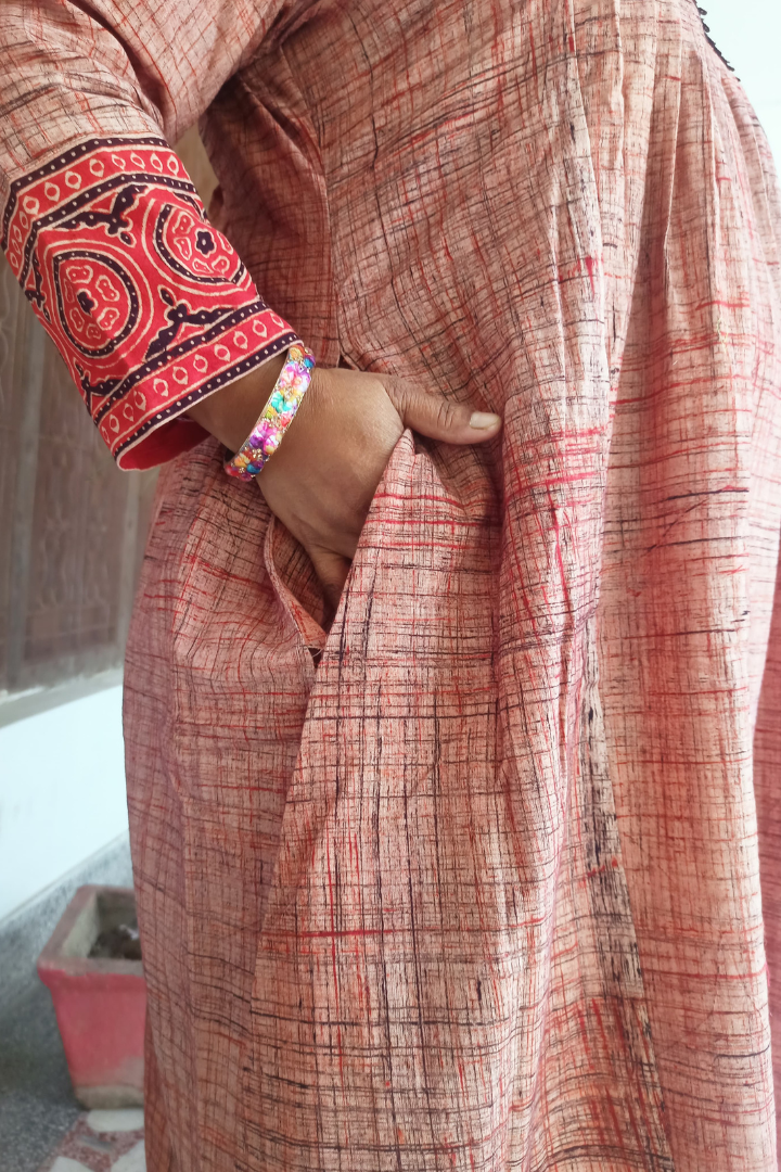 Hand Block Ajrakh Red & Black yoke patch superdry cotton kurta