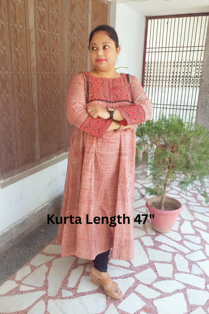 Hand Block Ajrakh Red & Black yoke patch superdry cotton kurta