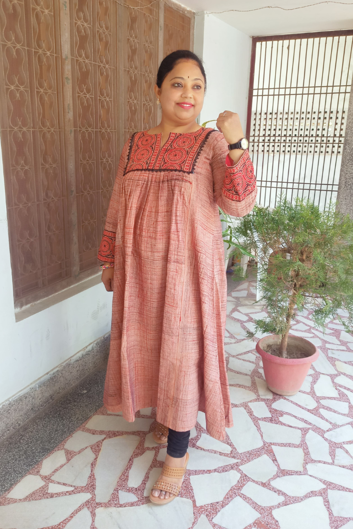 Hand Block Ajrakh Red & Black yoke patch superdry cotton kurta