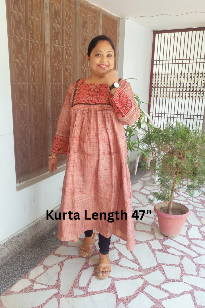 Hand Block Ajrakh Red & Black yoke patch superdry cotton kurta