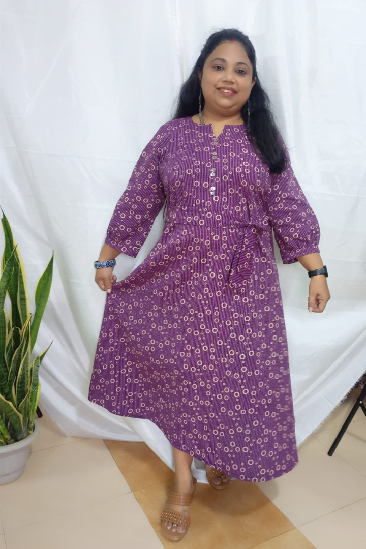 Pastel mauve kantha stitch Ajrakh Kurta-Belt style