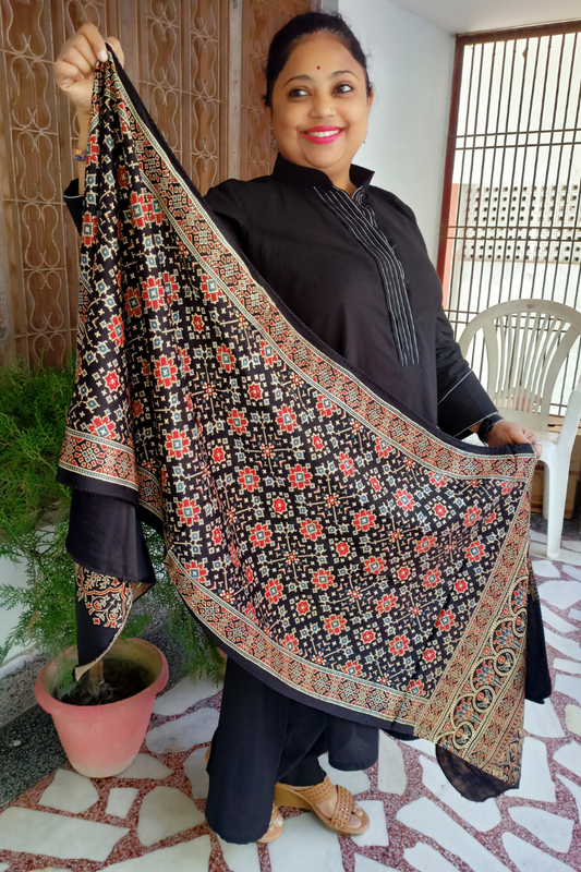 Black Ajrakh  Handblock print gajji silk stole