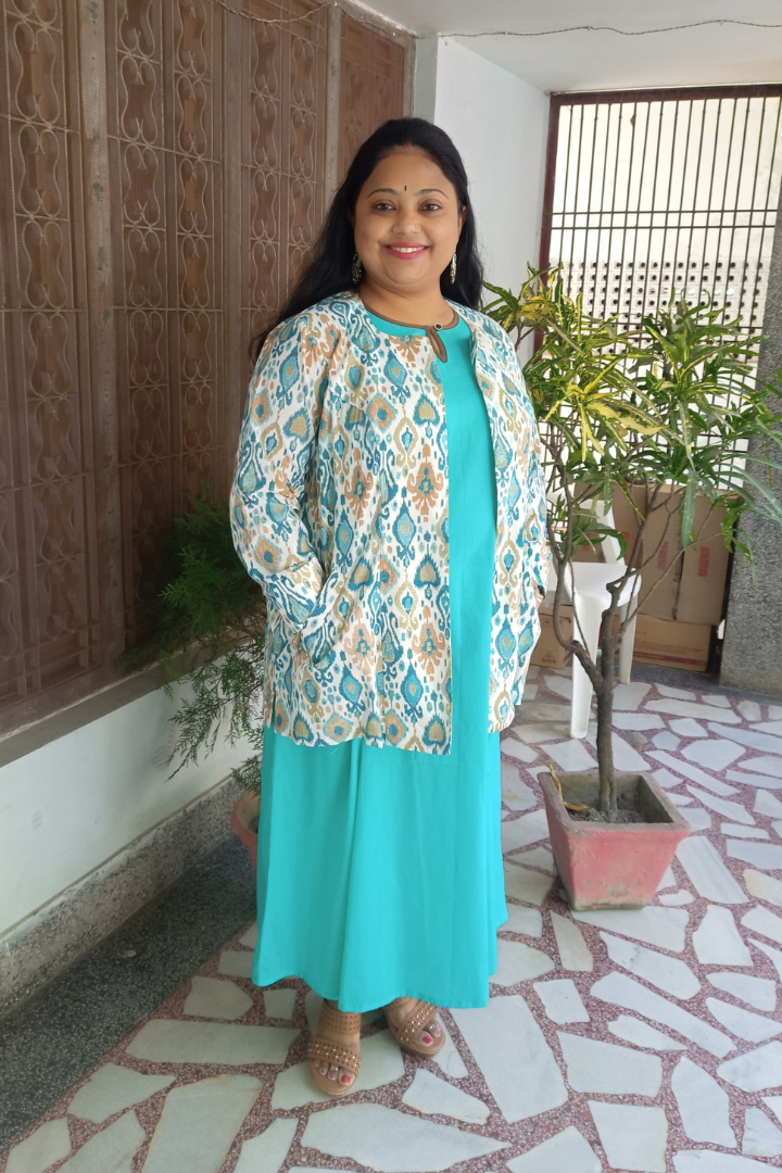 Aqua green sleeveless cotton kurta with shrug