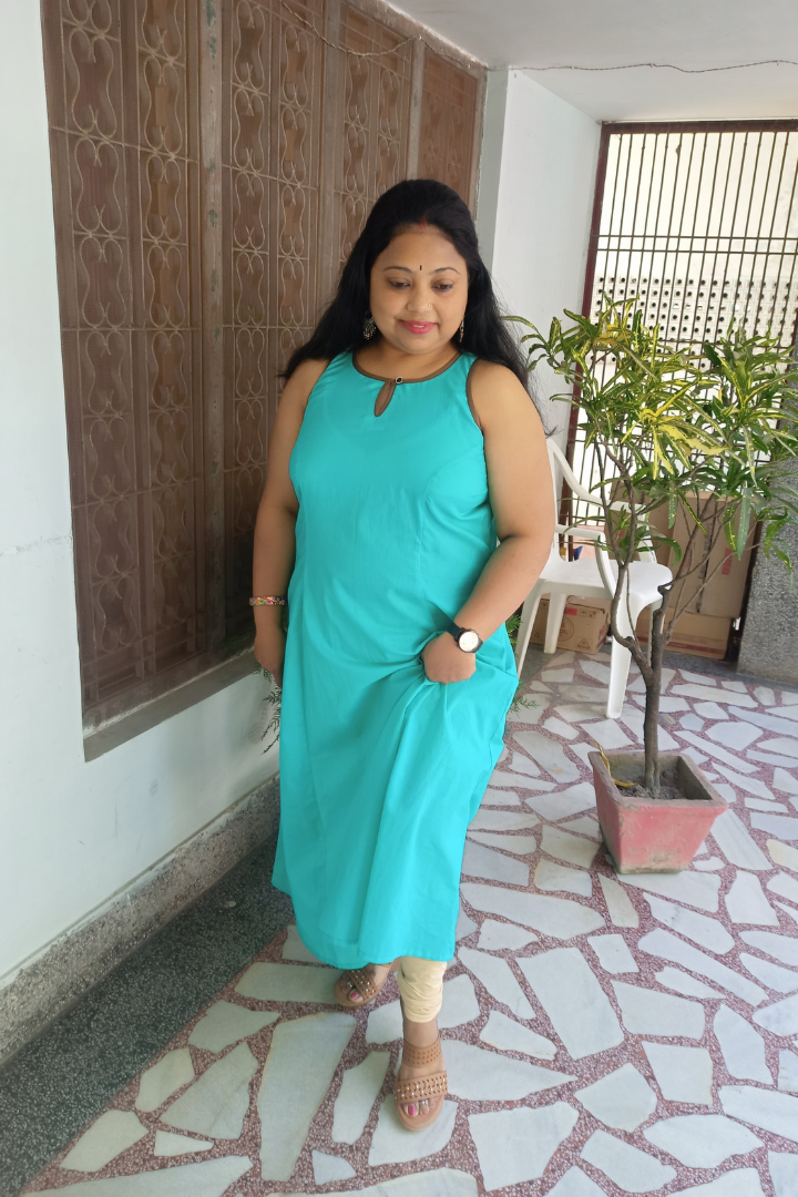 Aqua green sleeveless cotton kurta with shrug