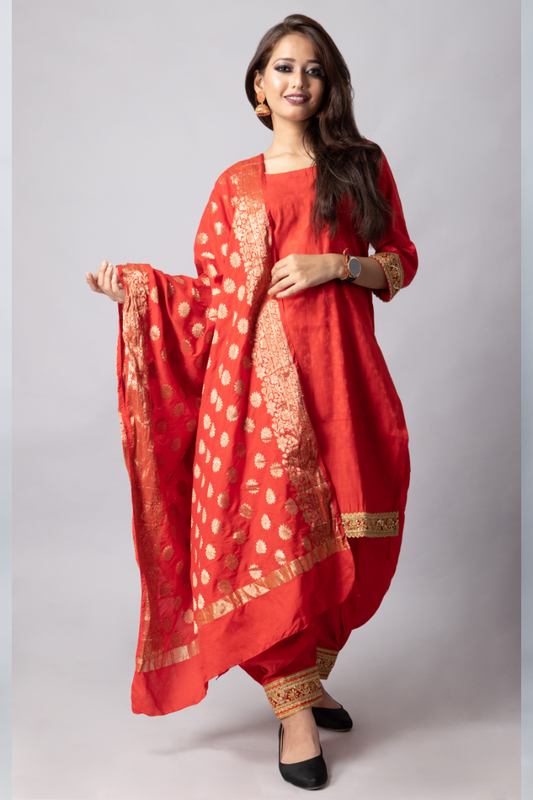 Red Self-weaved semi-silk suit set-Banarsi weaved dupatta