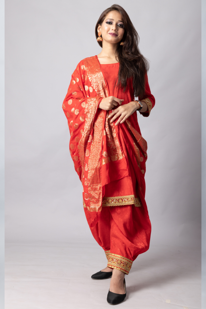 Red Self-weaved semi-silk suit set-Banarsi weaved dupatta
