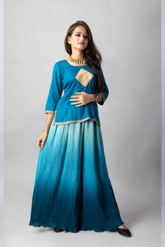 Blue pleated georget Ombre dyed sharara dress