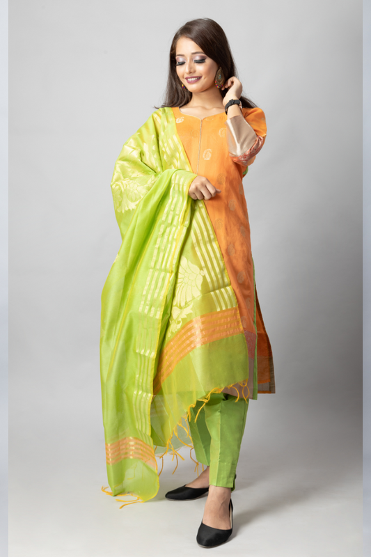 Neon green-Orange Jacquard silk suit set