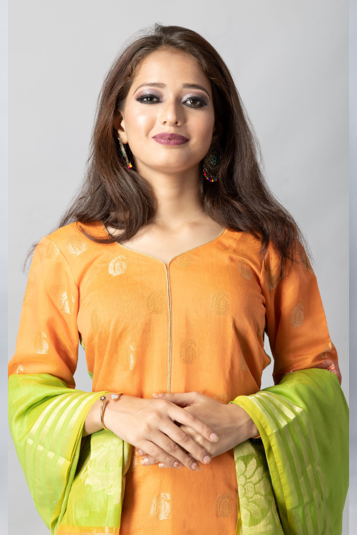 Neon green-Orange Jacquard silk suit set