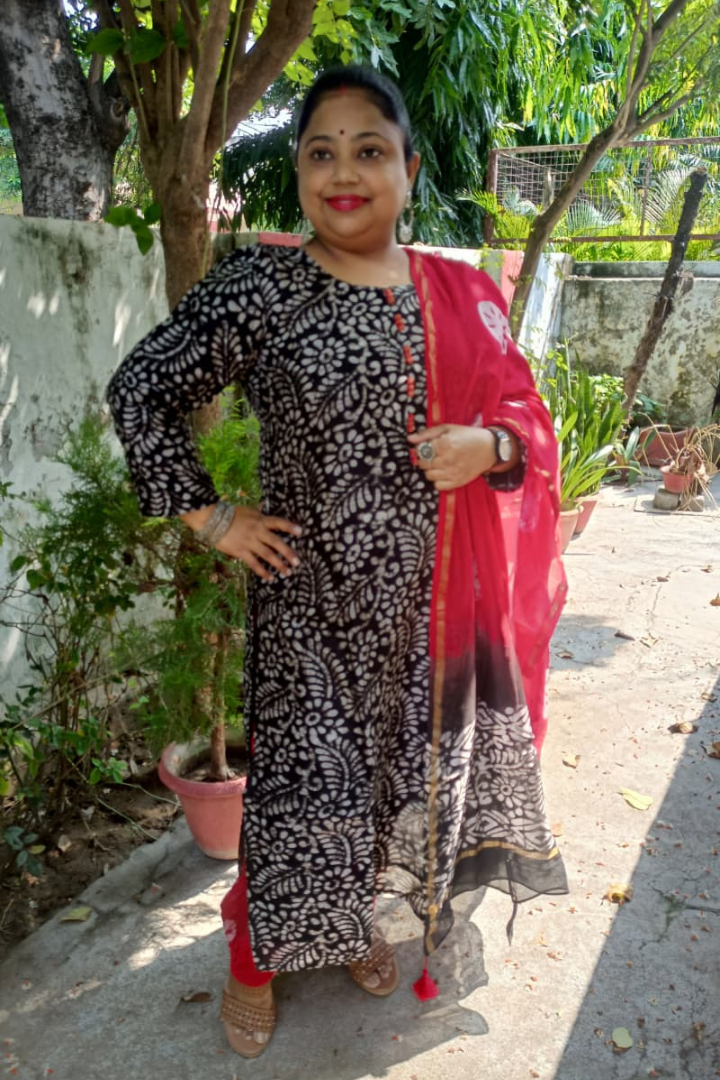 Red-Black Batik print Pure Chanderi Silk suit