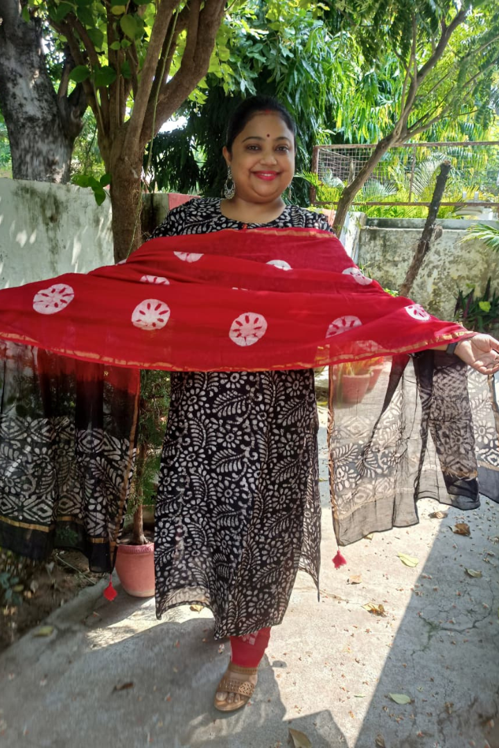 Red-Black Batik print Pure Chanderi Silk suit