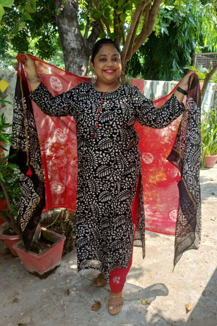 Red-Black Batik print Pure Chanderi Silk suit