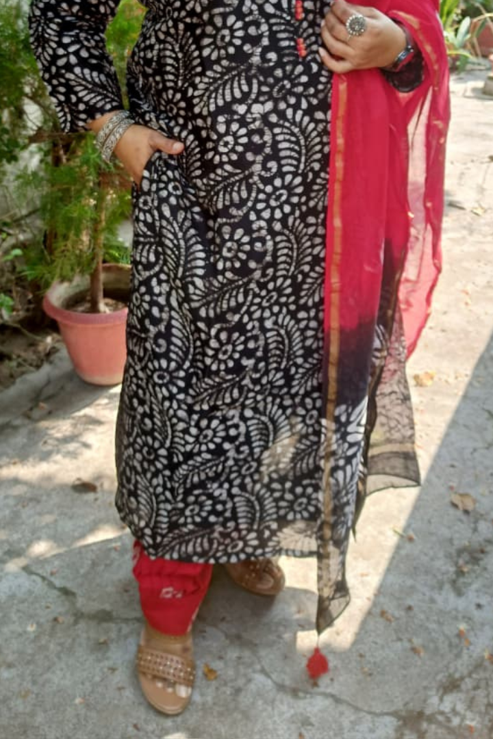 Red-Black Batik print Pure Chanderi Silk suit