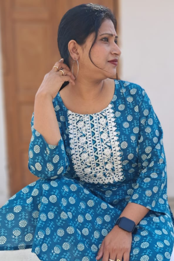 Blue cotton straight Kurta yoke embroidery