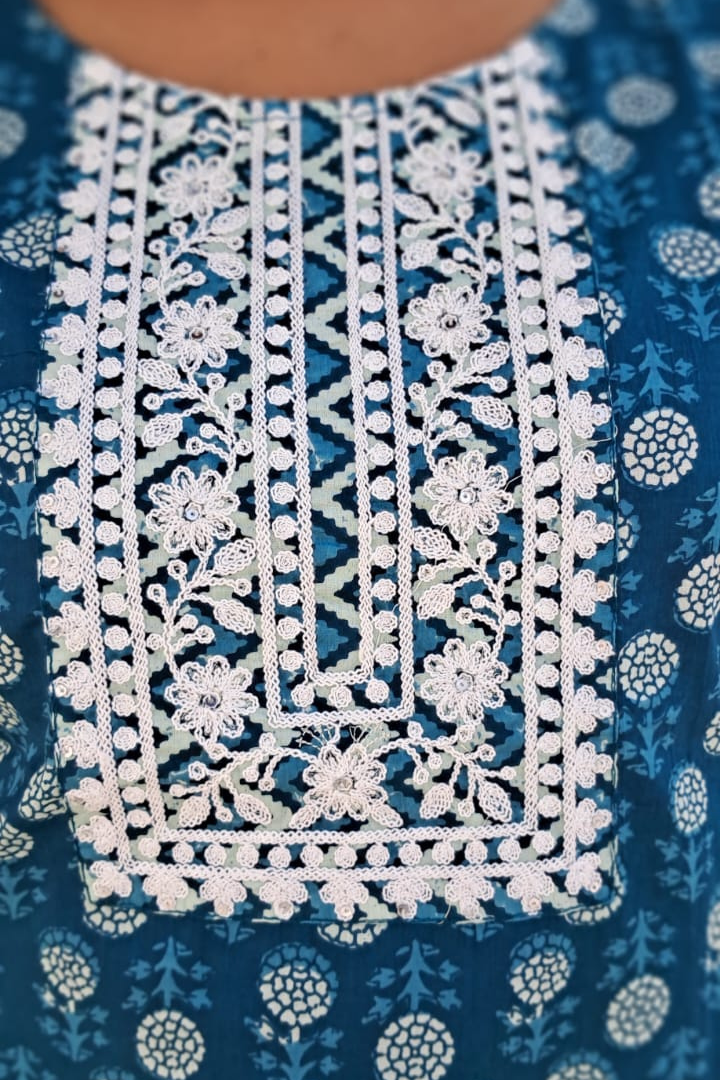 Blue cotton straight Kurta yoke embroidery