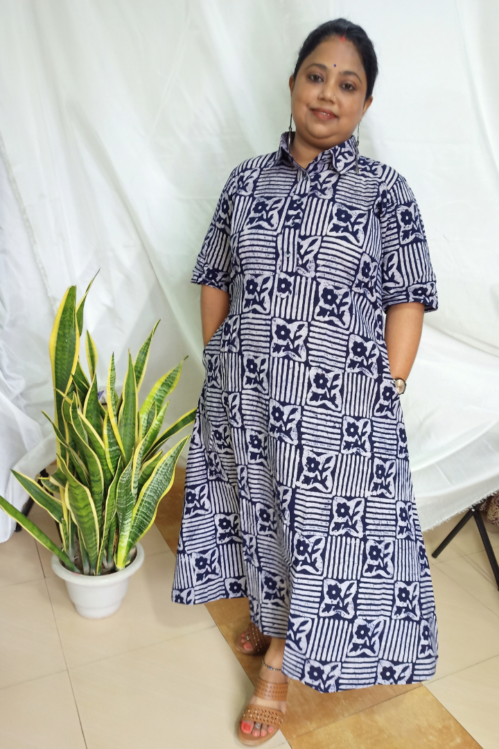 Nevy Blue kurta - wax batik-Shirt collar
