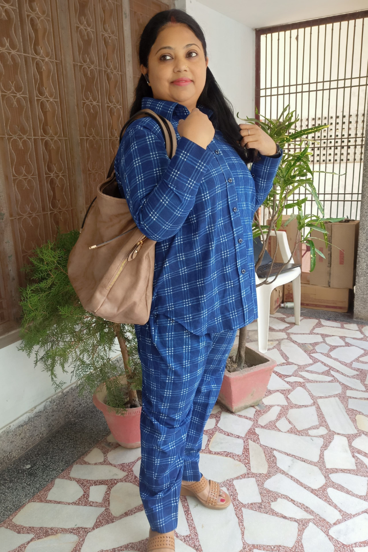 Blue checks shirts collar coord set