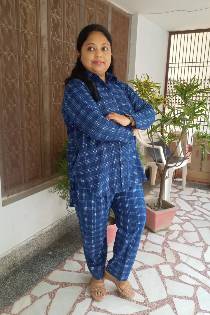 Blue checks shirts collar coord set