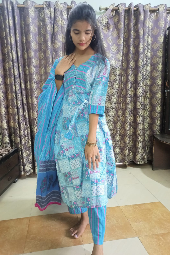 Blue yoke dori jaipuri cotton anarkali suit