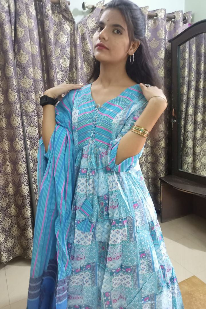 Blue yoke dori jaipuri cotton anarkali suit