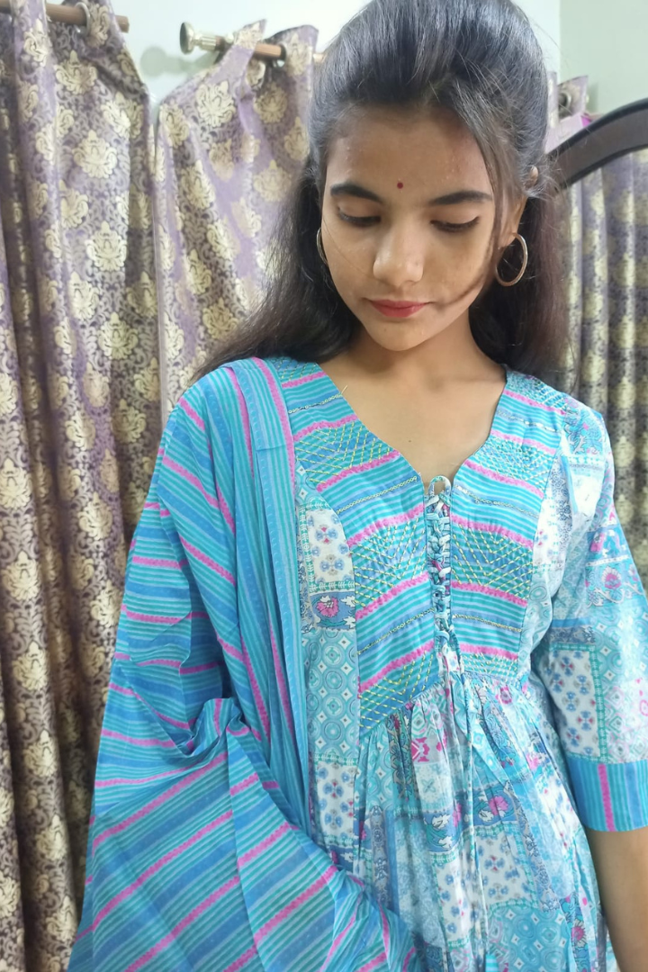 Blue yoke dori jaipuri cotton anarkali suit
