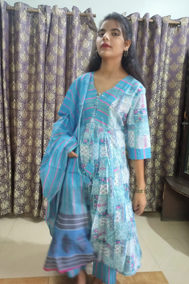 Blue yoke dori jaipuri cotton anarkali suit