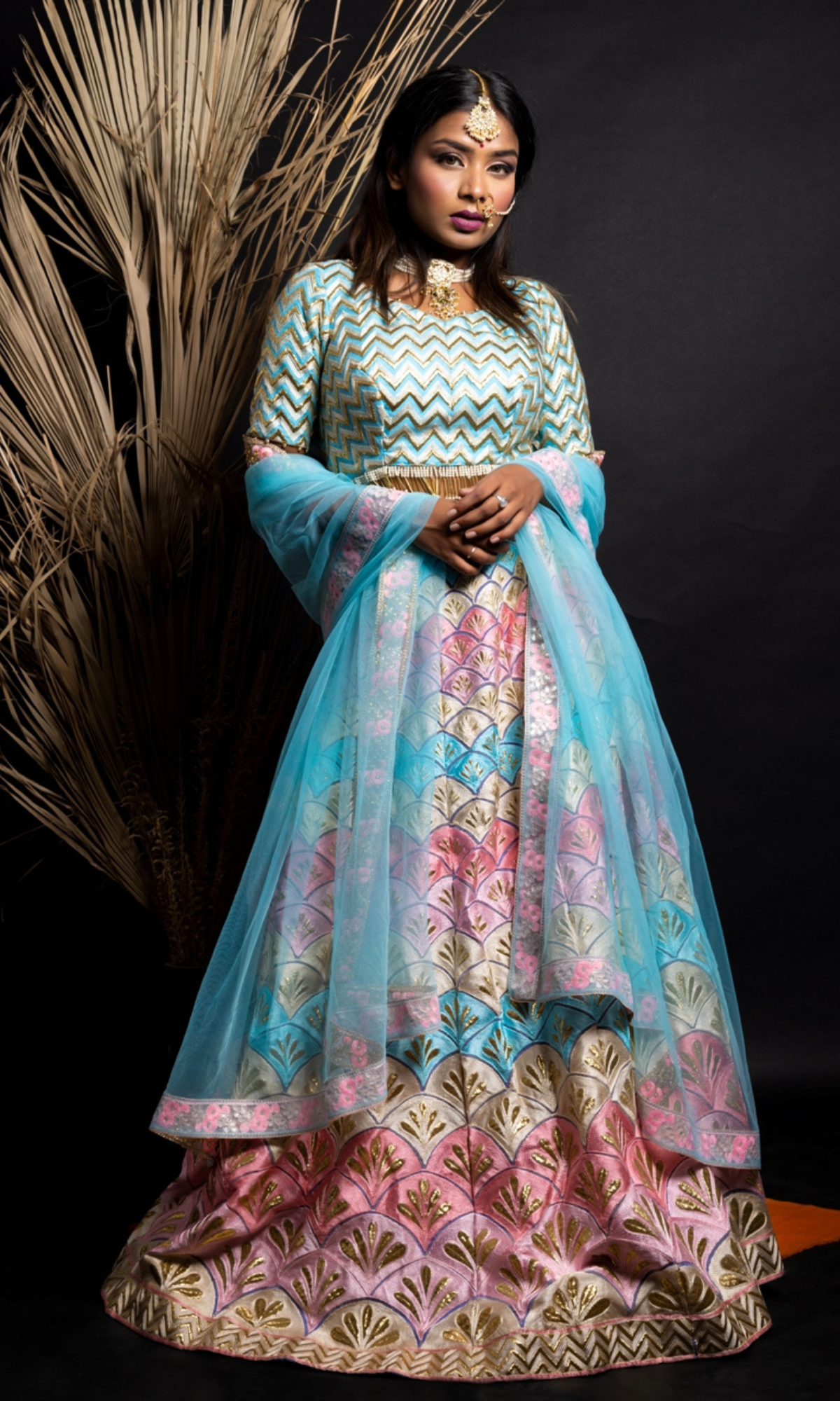 Blue-Pink Bridal Lehanga-Net Dupatta