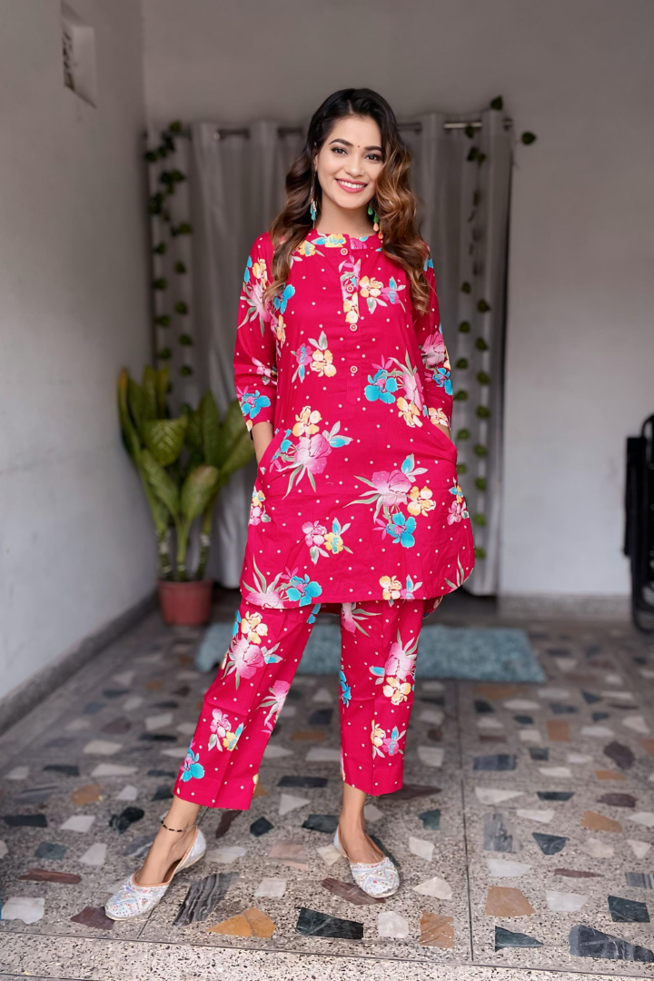 Red Cotton floral print co-ord set