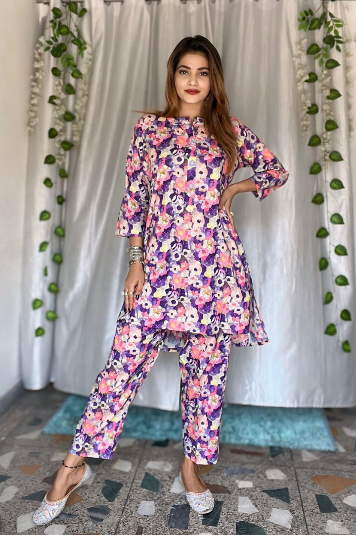 Purple cotton floral print co-ord set