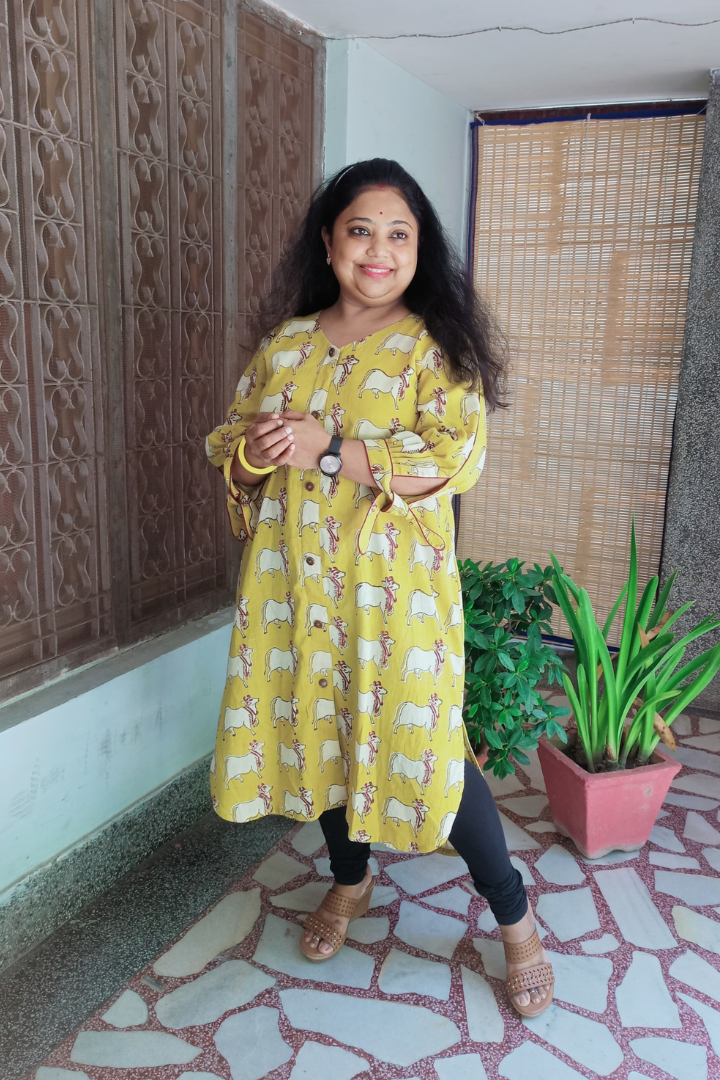Yellow Pure Cotton HandBlock Cow Print