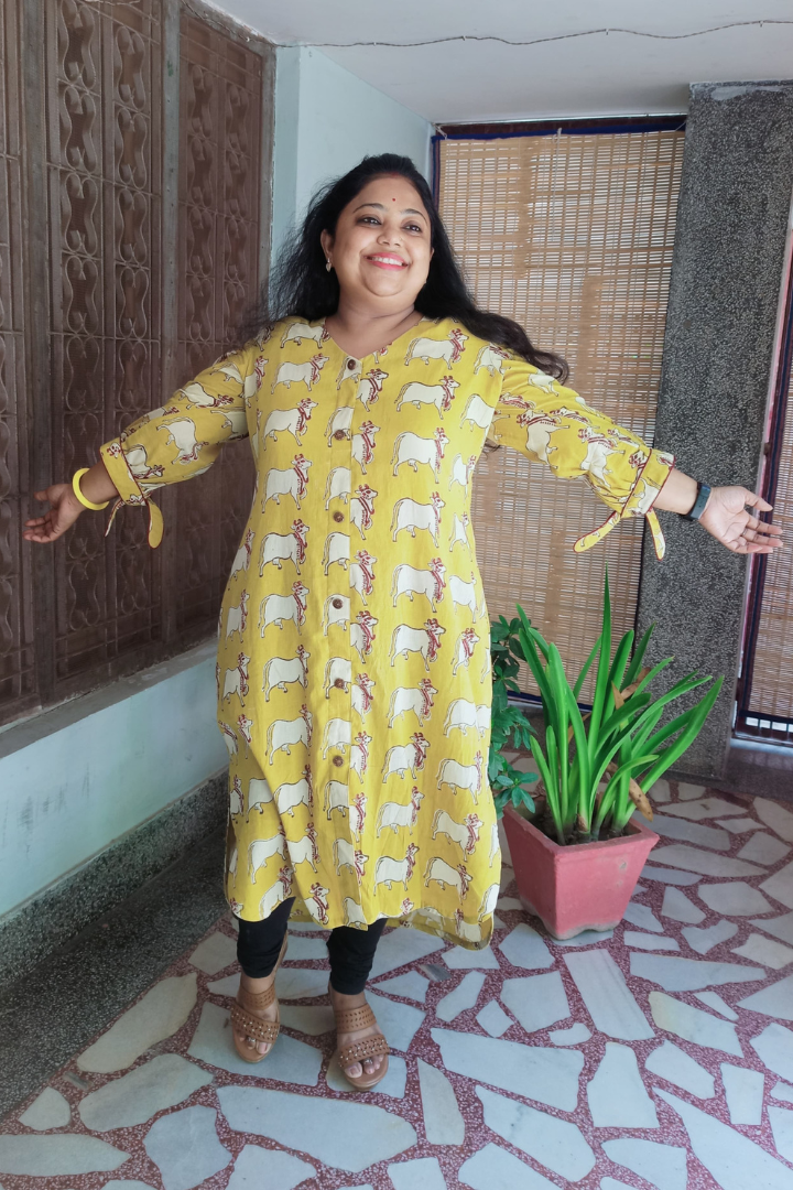 Yellow Pure Cotton HandBlock Cow Print