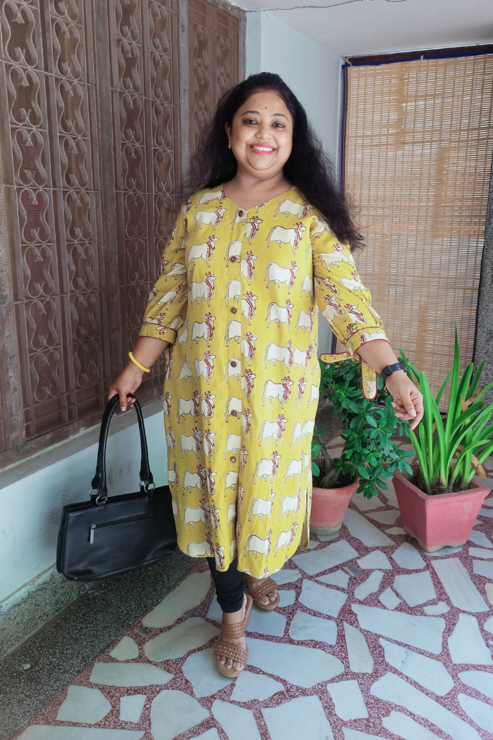 Yellow Pure Cotton HandBlock Cow Print