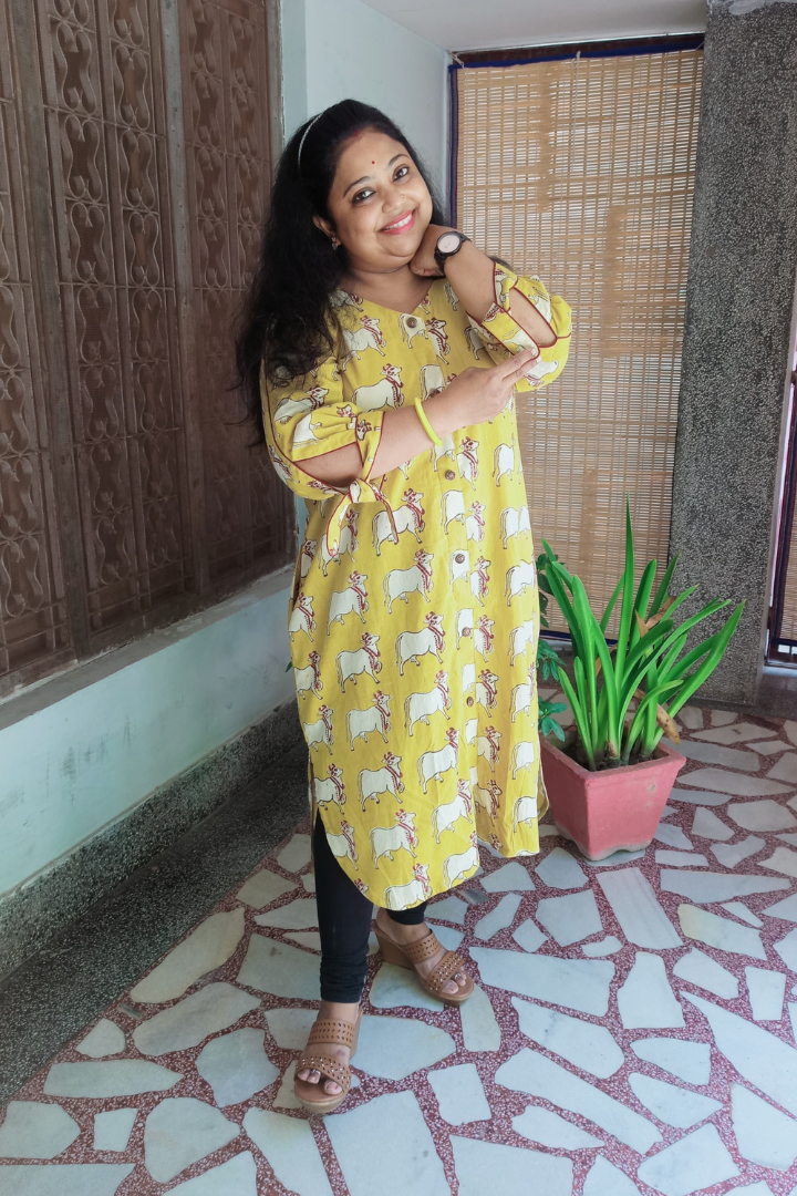 Yellow Pure Cotton HandBlock Cow Print
